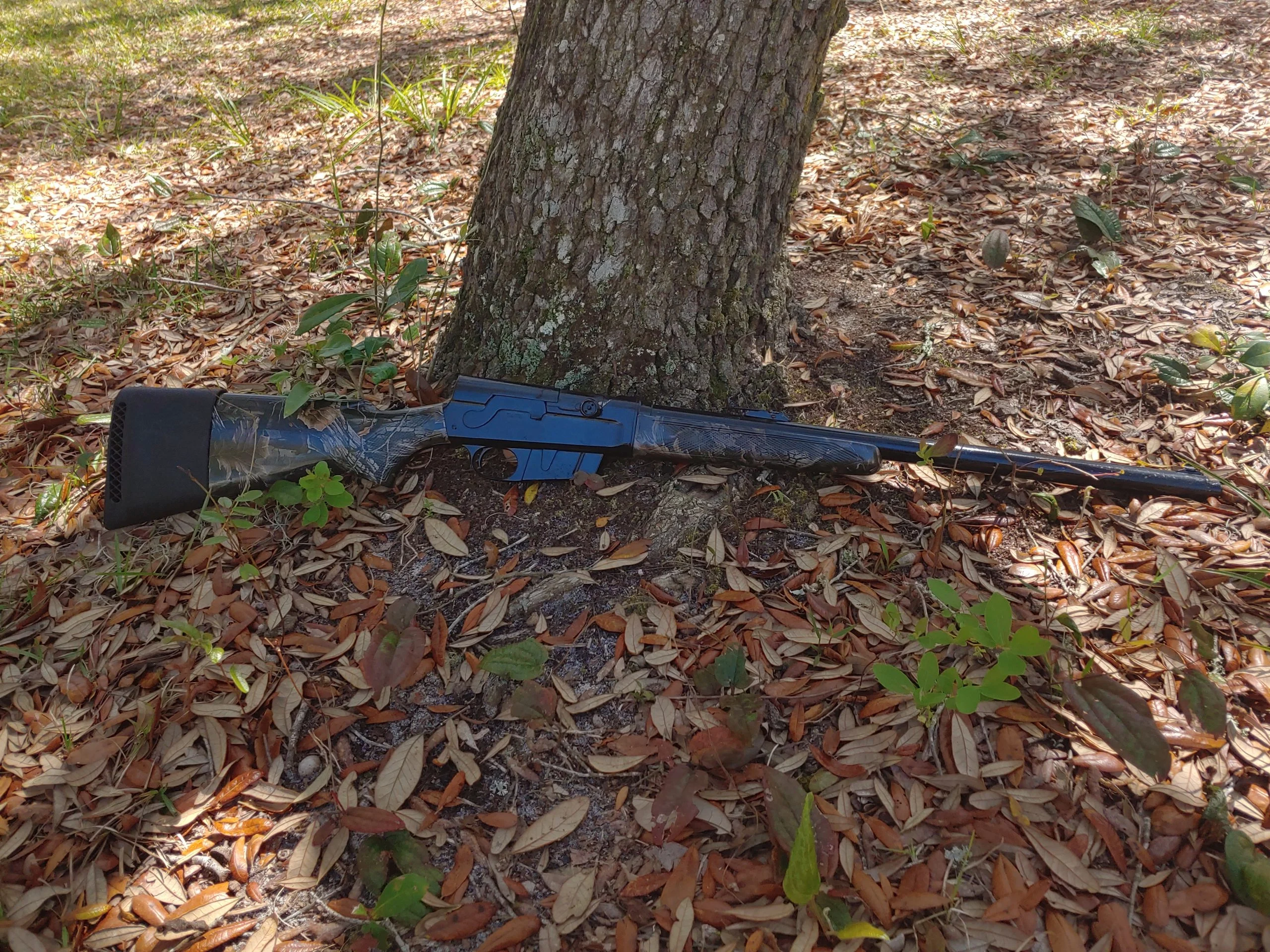 Model 81 Remington leaning against tree.